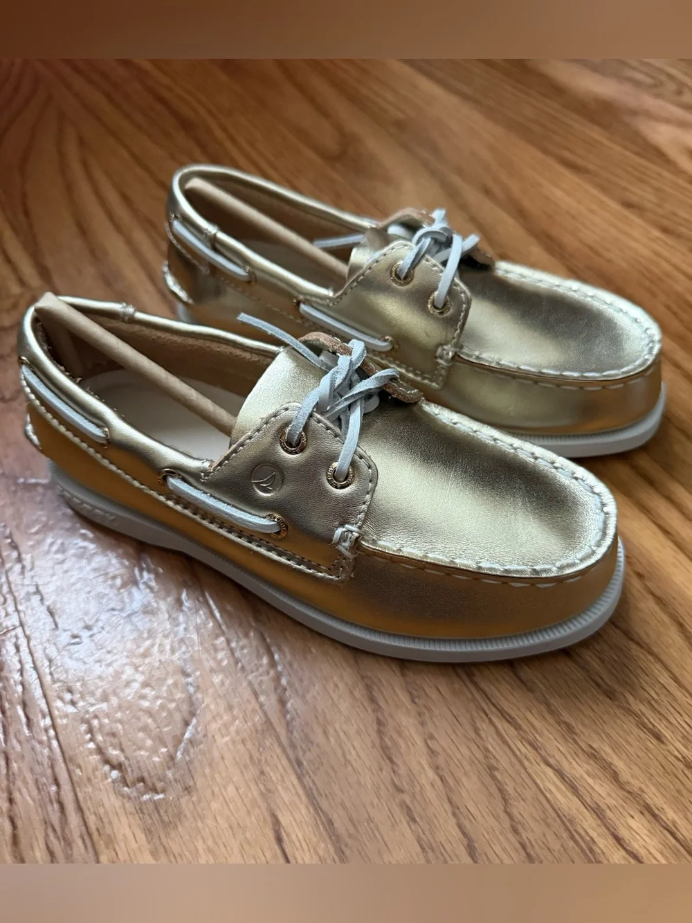Sperry Kids Gold Metallic Leather Boat Shoes 2-Eye Lace Up Non-Slip Size 13
